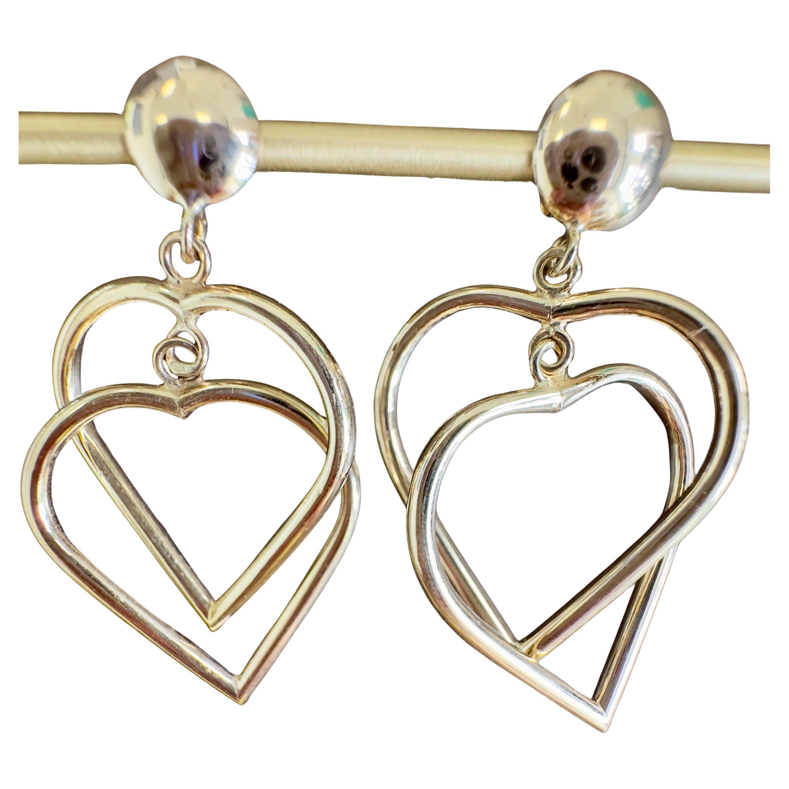14k Yellow Gold Double Heart Dangle Earrings