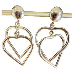 14k Yellow Gold Double Heart Dangle Earrings