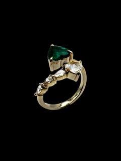 14K Yellow Gold Double Heart Emerald and Diamond Ring