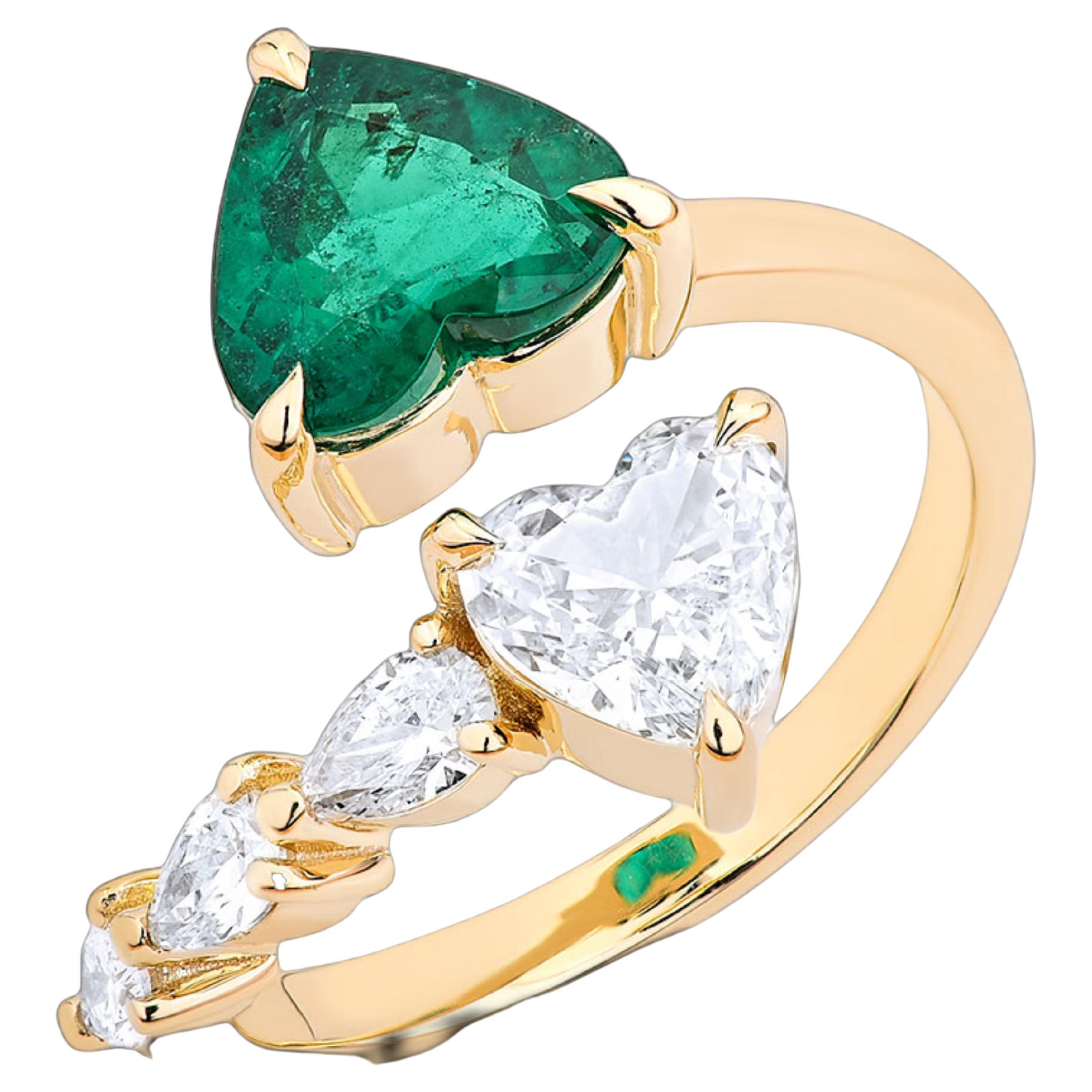 For Sale:  14K Yellow Gold Double Heart Emerald and Diamond Ring