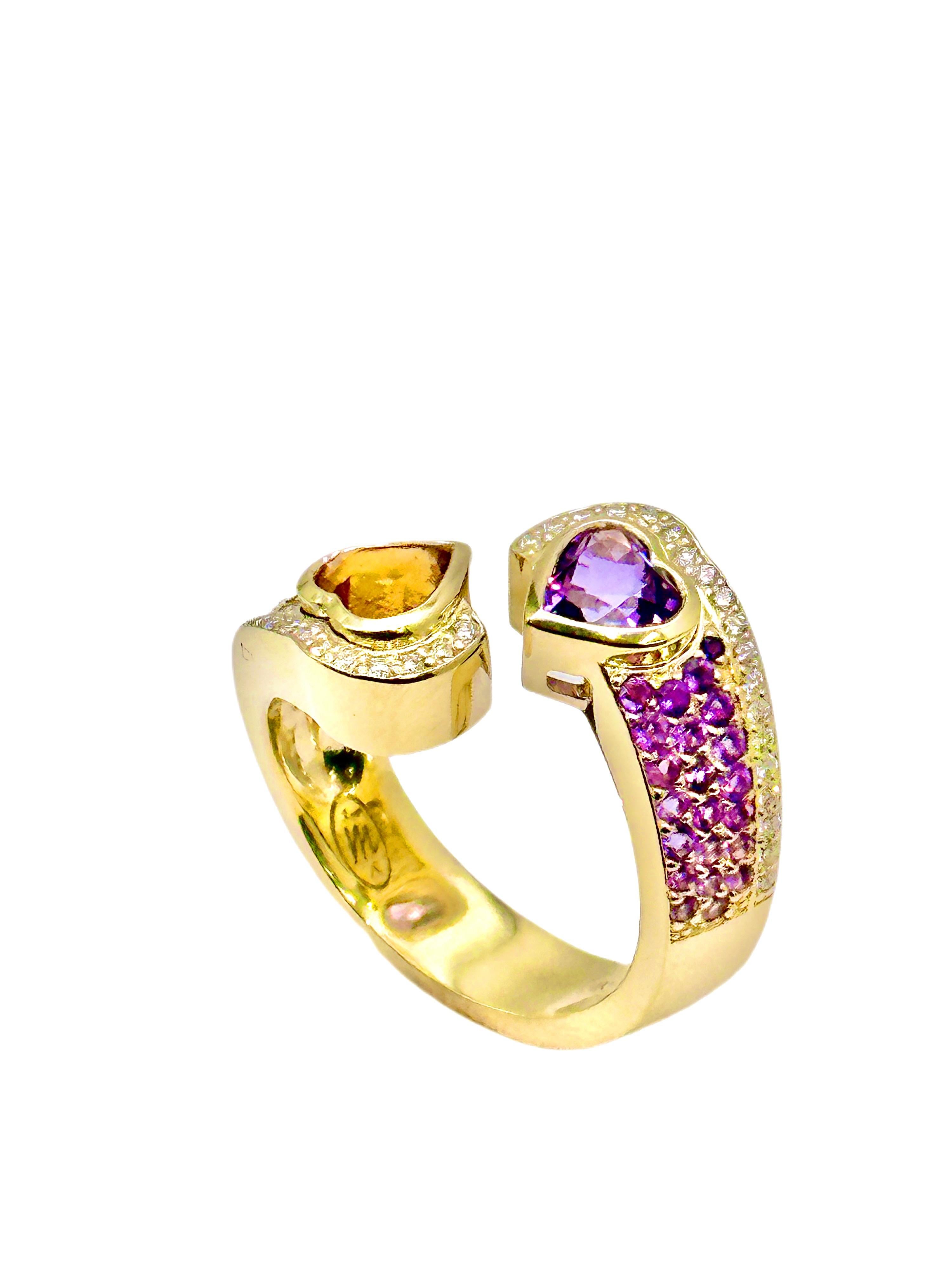 For Sale:  14K Yellow Gold Double Heart Sapphire and Amethyst Bypass Ring with Diamonds 2