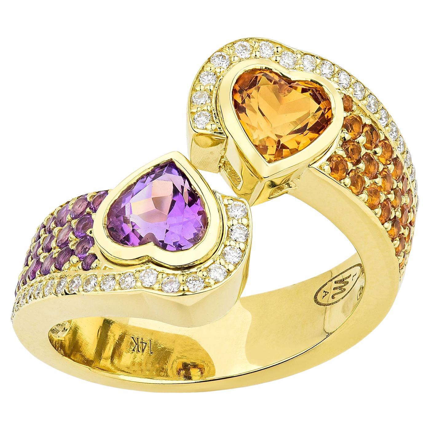 For Sale:  14K Yellow Gold Double Heart Sapphire and Amethyst Bypass Ring with Diamonds