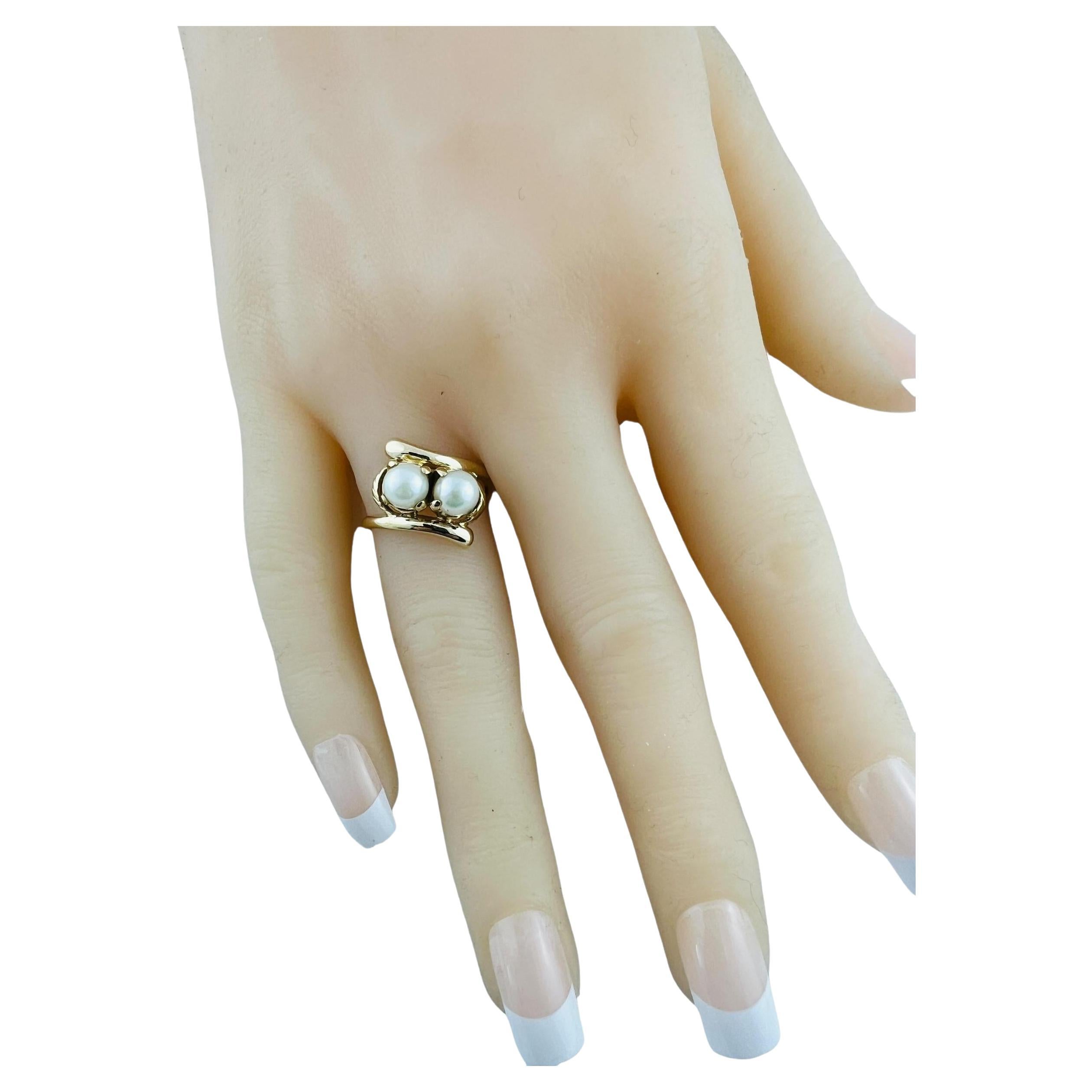 14K Yellow Gold Double Pearl Ring Size 7 #16688 For Sale