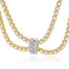 14k Yellow Gold Double Row Diamond Tennis Necklace w/ White Gold Diamond Pendant