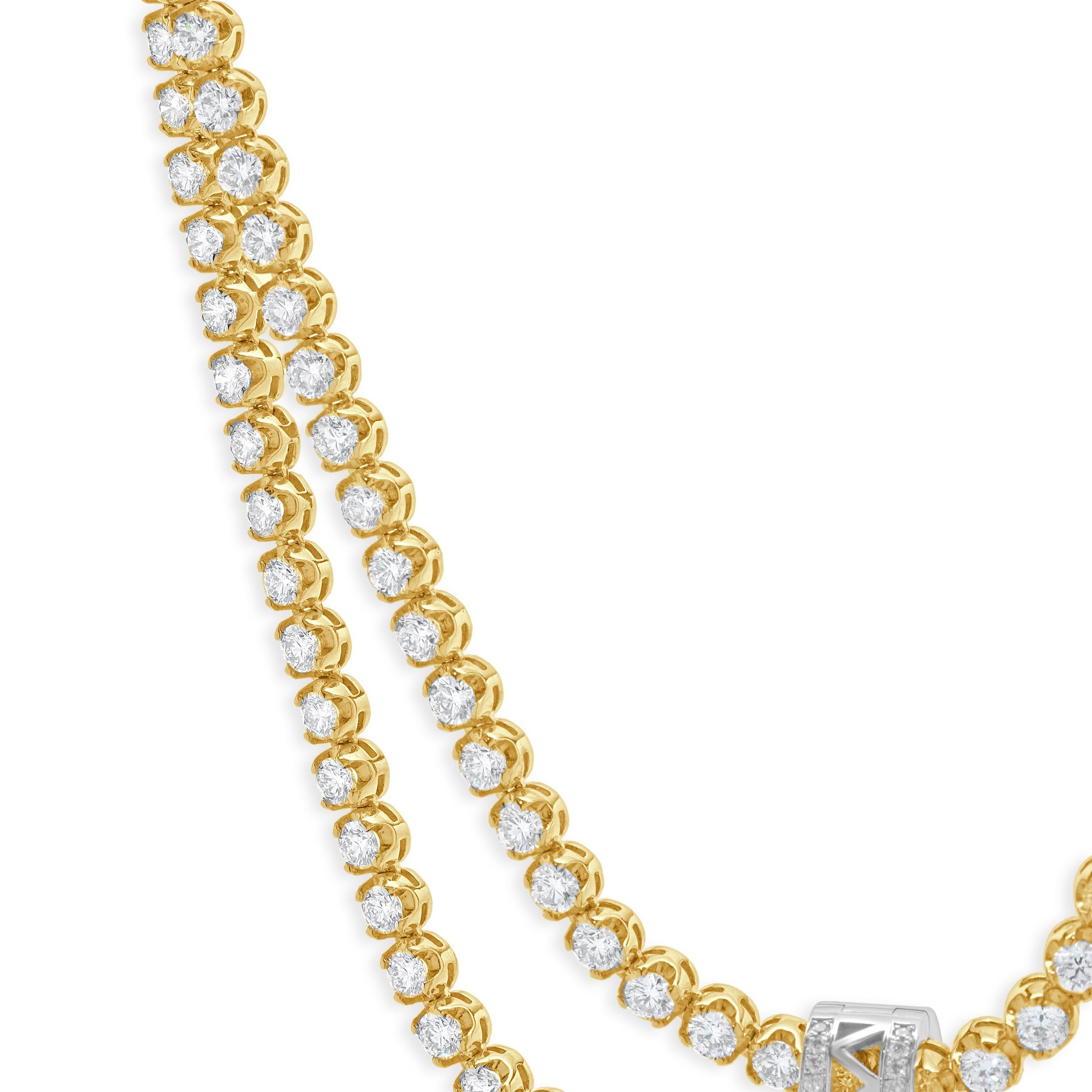 Round Cut 14k Yellow Gold Double Row Diamond Tennis Necklace w/ White Gold Diamond Pendant For Sale