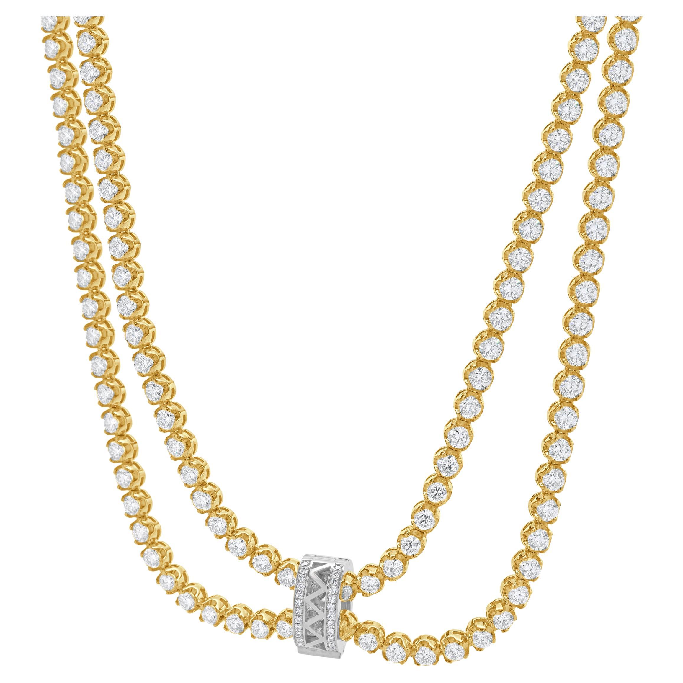 14k Yellow Gold Double Row Diamond Tennis Necklace w/ White Gold Diamond Pendant For Sale