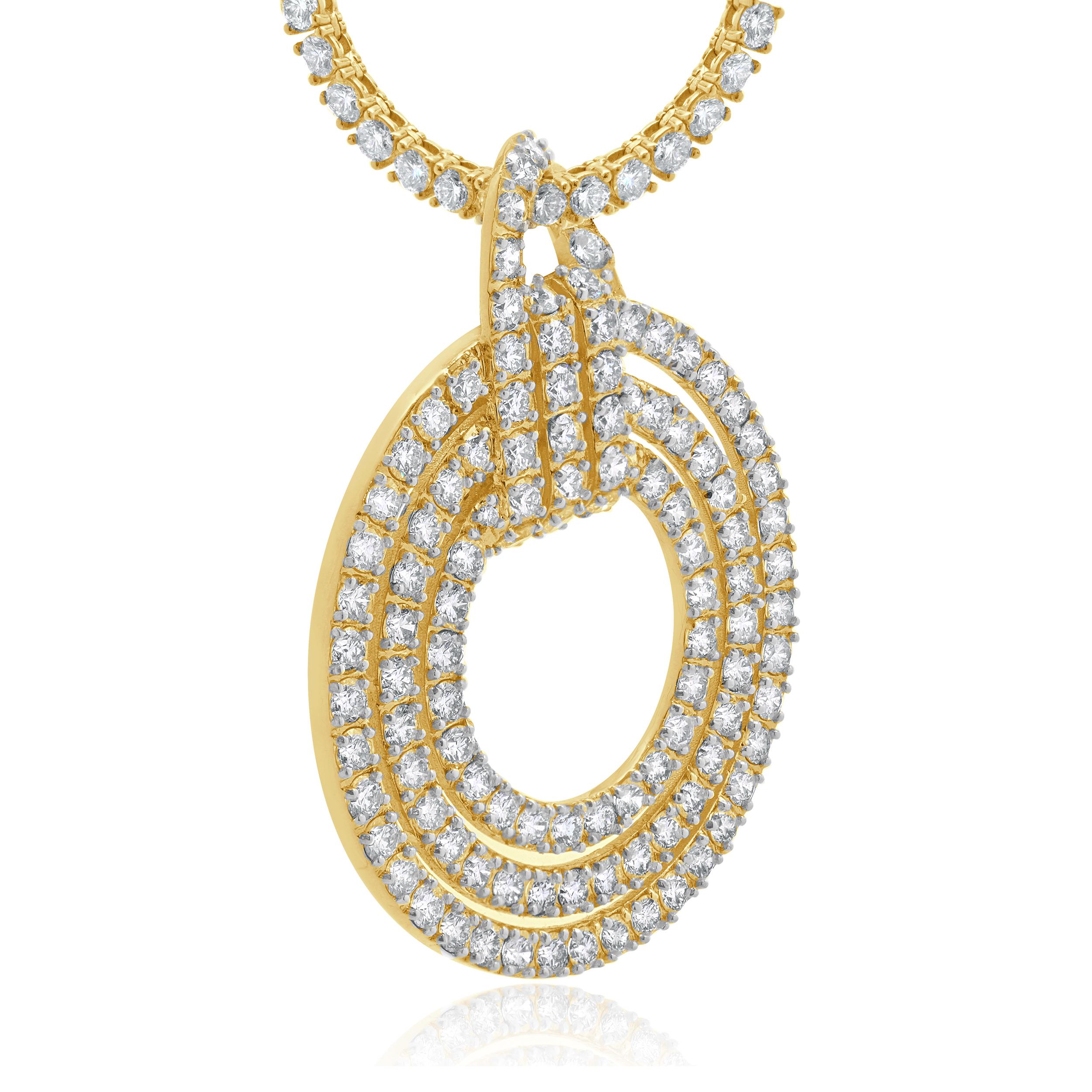 Designer: custom
Material: 14K yellow gold
Diamonds: 247 round brilliant cut = 21.35cttw
Color: G
Clarity:VS- SI1
Dimensions: necklace measures 16-inches in length 
Weight: 32.81 grams