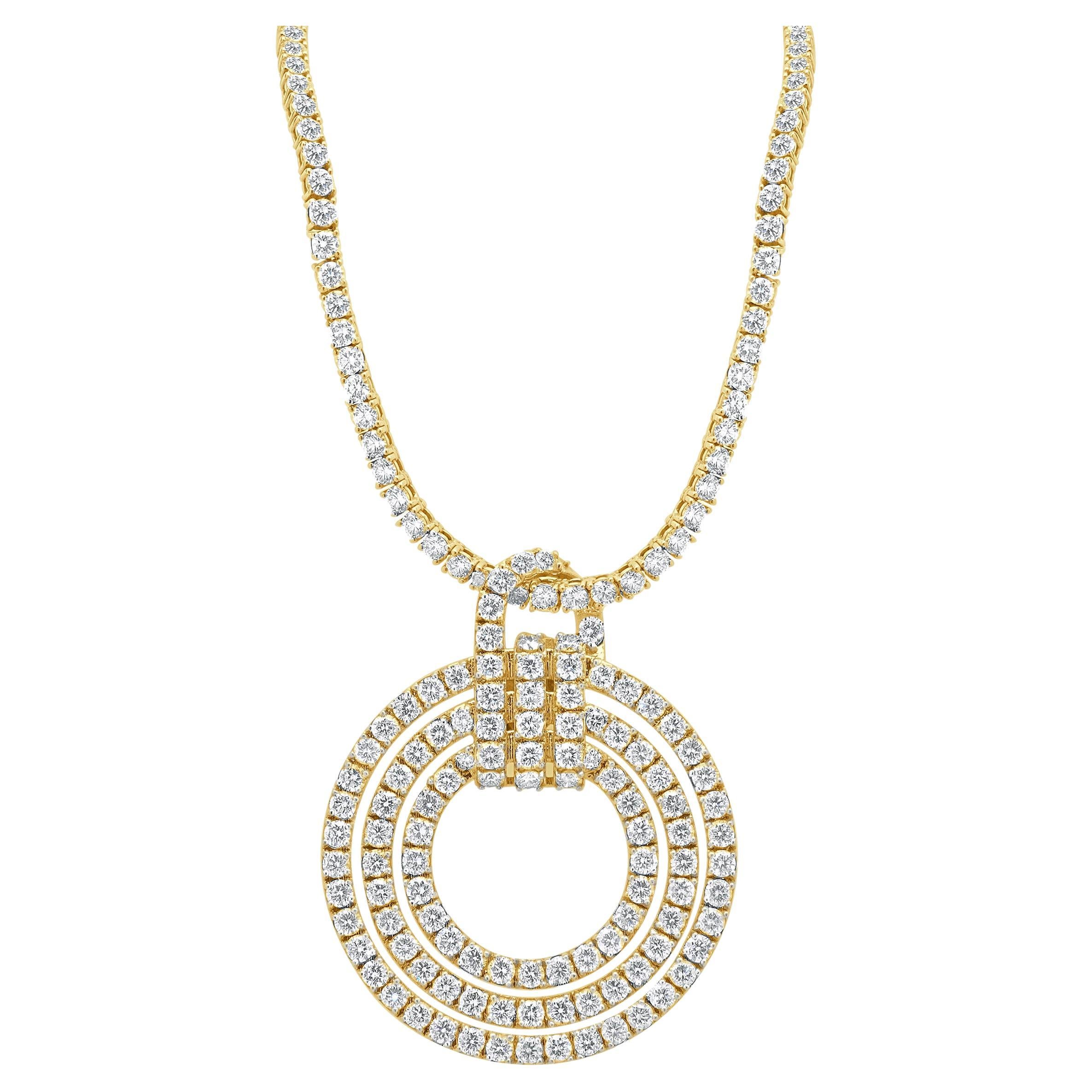 14k Yellow Gold Double Row Diamond Tennis Necklace With Circle Diamond Pendant For Sale