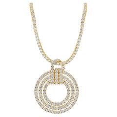 14k Yellow Gold Double Row Diamond Tennis Necklace With Circle Diamond Pendant