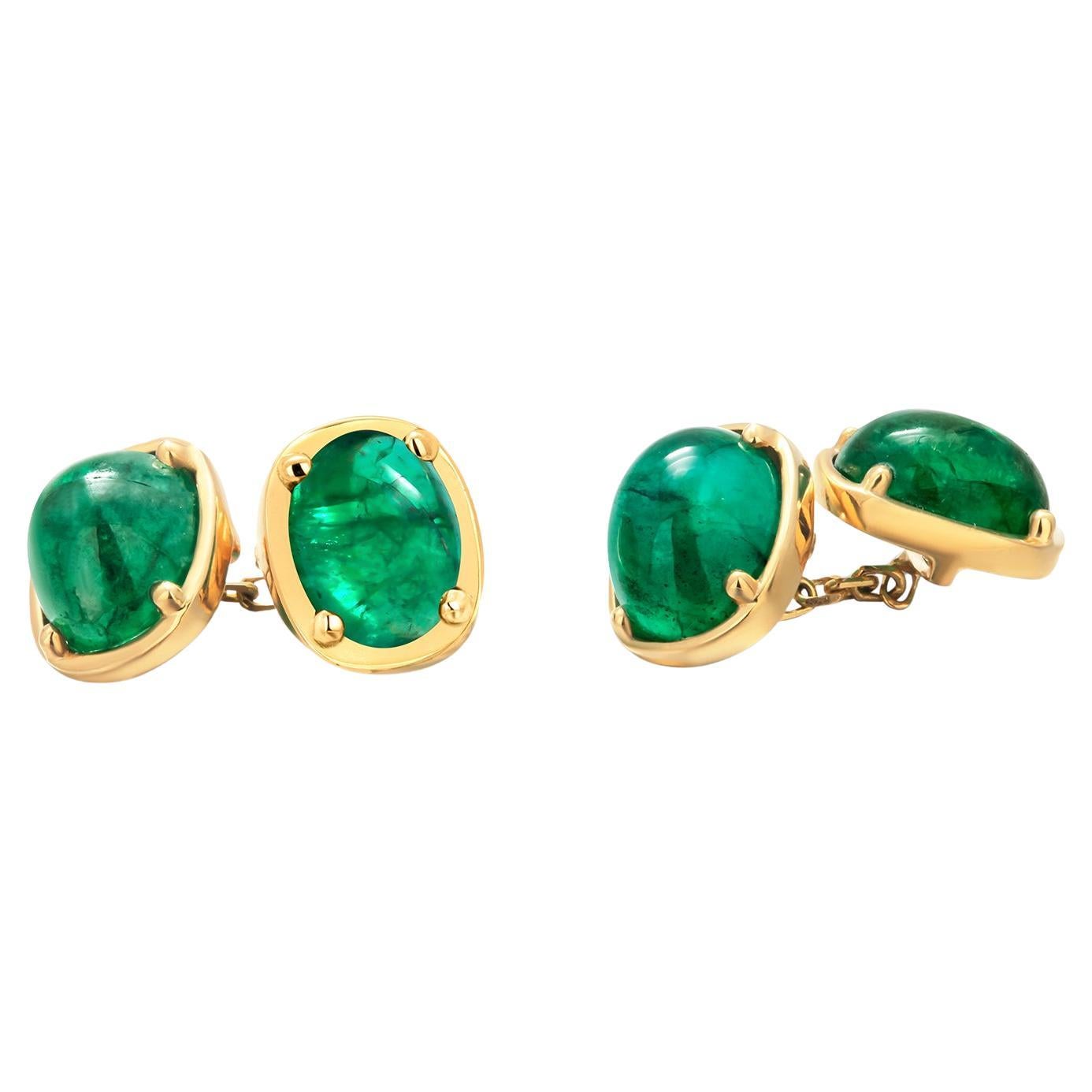 Boutons de manchette en or jaune 14K double face émeraude colombienne cabochon 14.52 carats