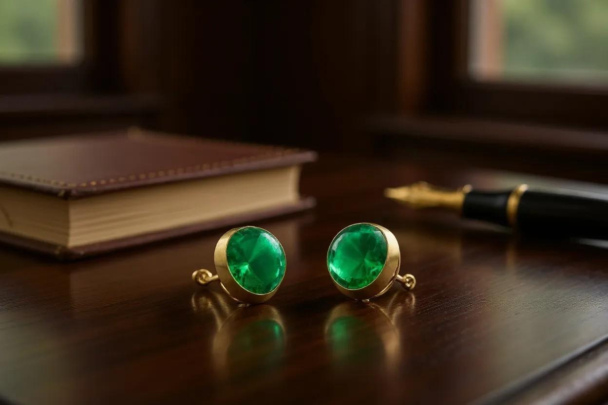 Modern 14K Yellow Gold Double-Sided Cufflinks with Colombian Cabochon Emeralds For Sale