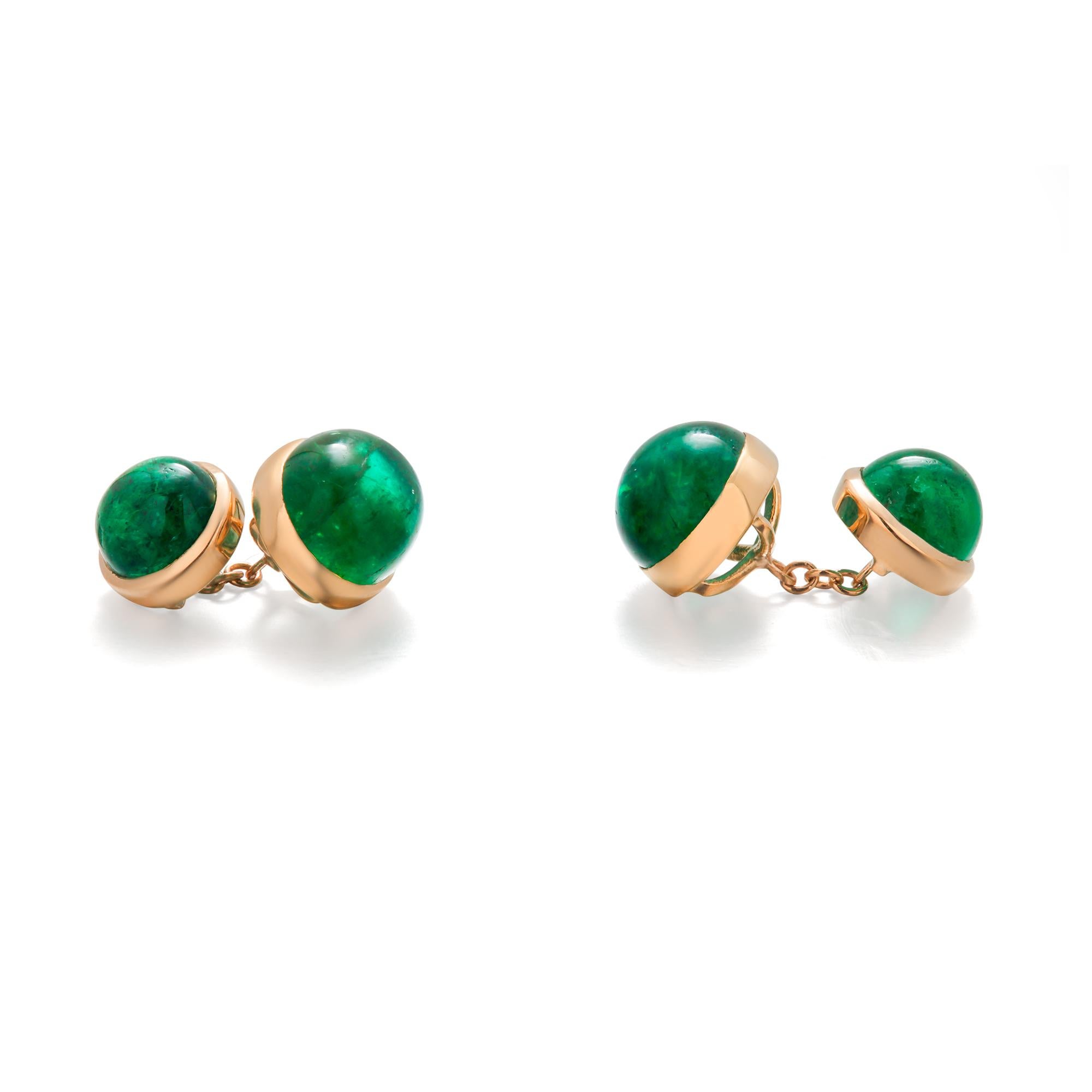 Bullet Cut 14K Yellow Gold Double-Sided Cufflinks with Colombian Cabochon Emeralds For Sale