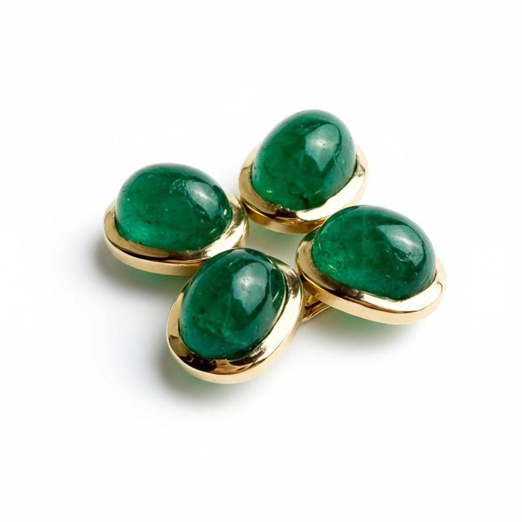 Moderne Boutons de manchette double face en or jaune 14K avec émeraudes cabochon de Colombie en vente