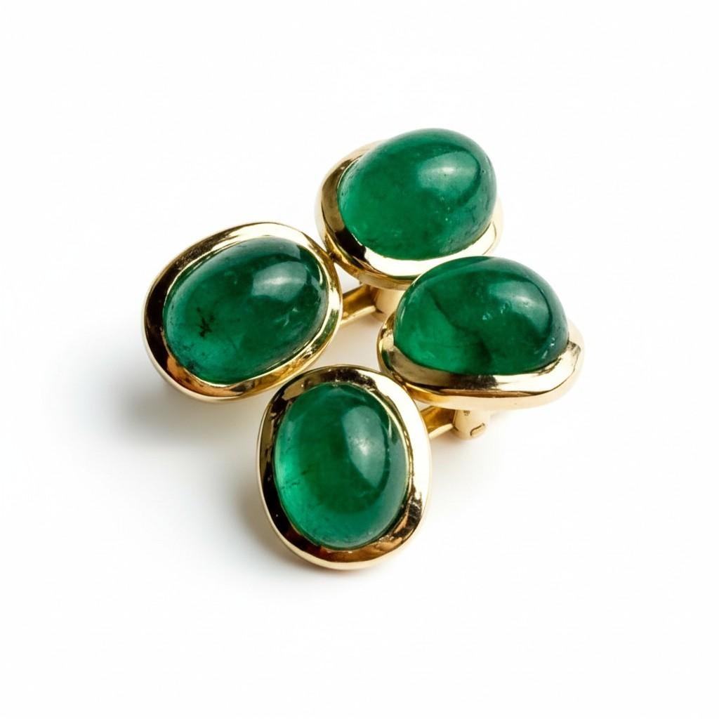 Boutons de manchette double face en or jaune 14K avec émeraudes cabochon de Colombie Unisexe en vente