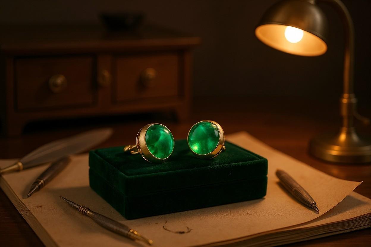 Boutons de manchette double face en or jaune 14K avec émeraudes cabochon de Colombie en vente 1