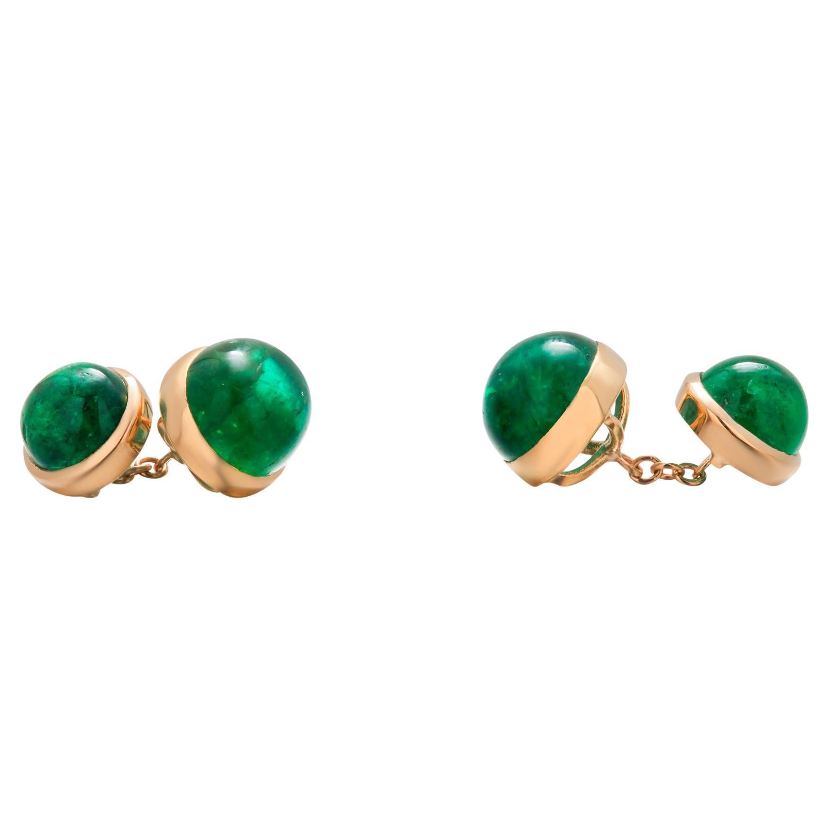 14K Yellow Gold Double-Sided Cufflinks with Colombian Cabochon Emeralds For Sale