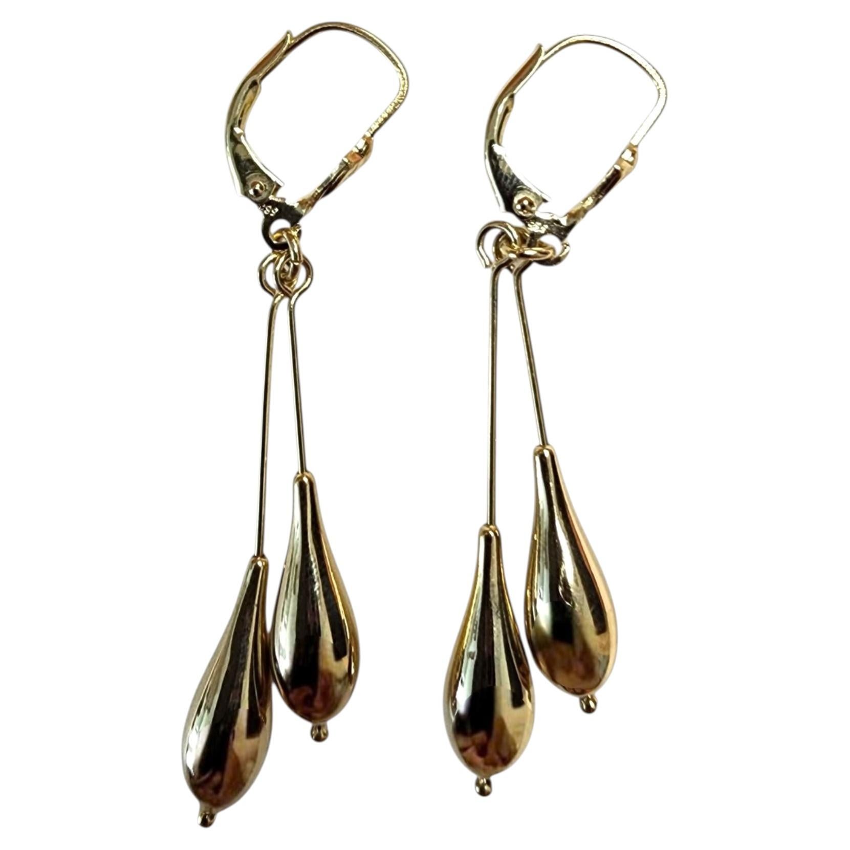 14K Yellow Gold Double Tear Drop Dangle Earrings #25457