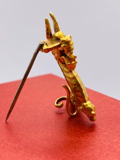 Yellow Gold Dragon Pin with Ruby Cabochon Eye