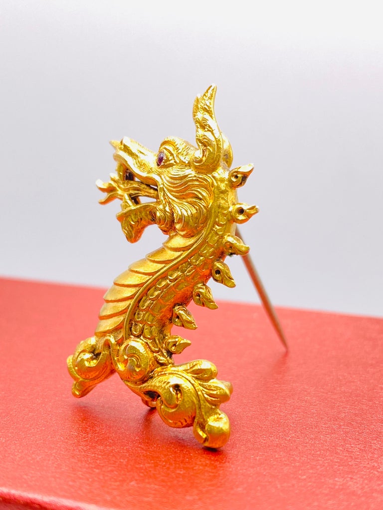 Women's or Men's Yellow Gold Dragon Pin with Ruby Cabochon Eye For Sale