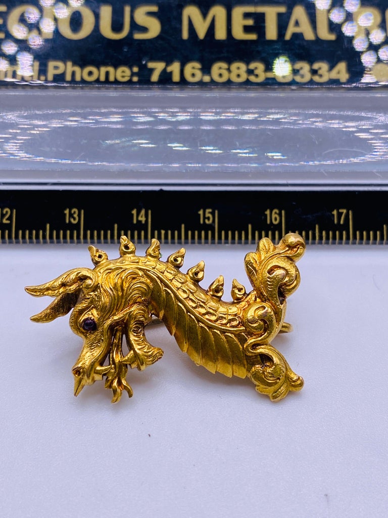 Yellow Gold Dragon Pin with Ruby Cabochon Eye For Sale 1