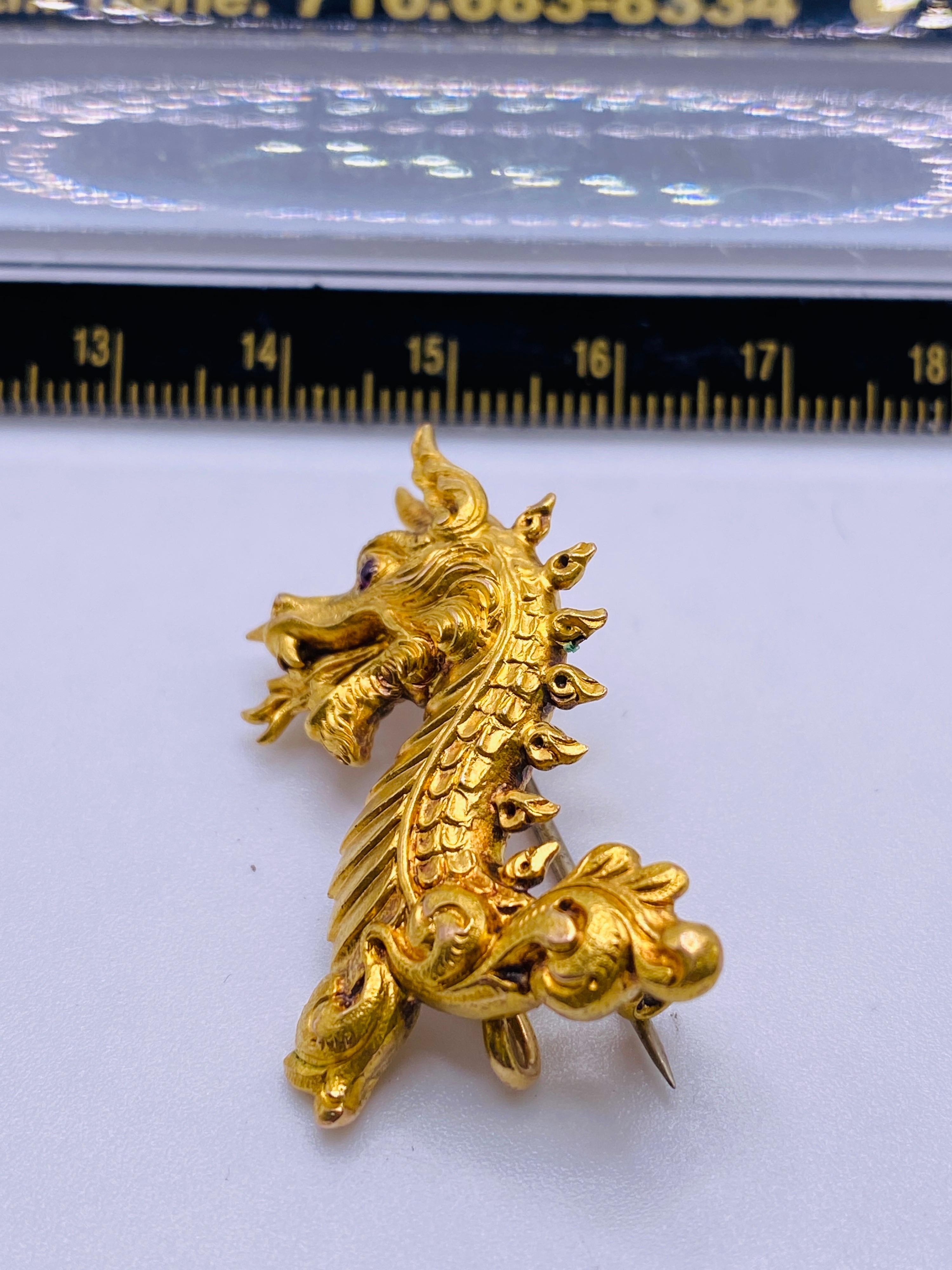 Yellow Gold Dragon Pin with Ruby Cabochon Eye In Good Condition For Sale In DALLAS, TX