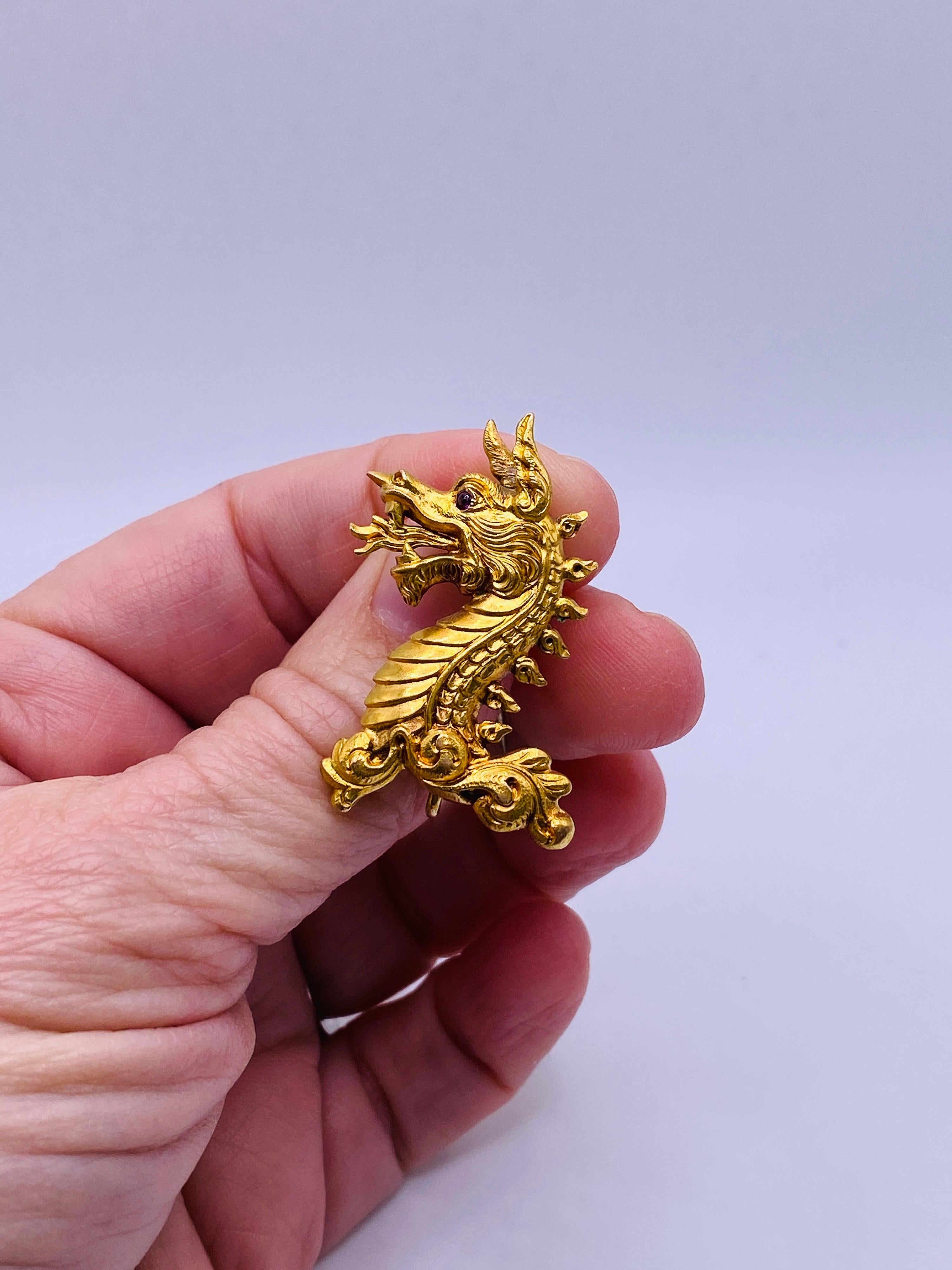 Women's or Men's Yellow Gold Dragon Pin with Ruby Cabochon Eye For Sale