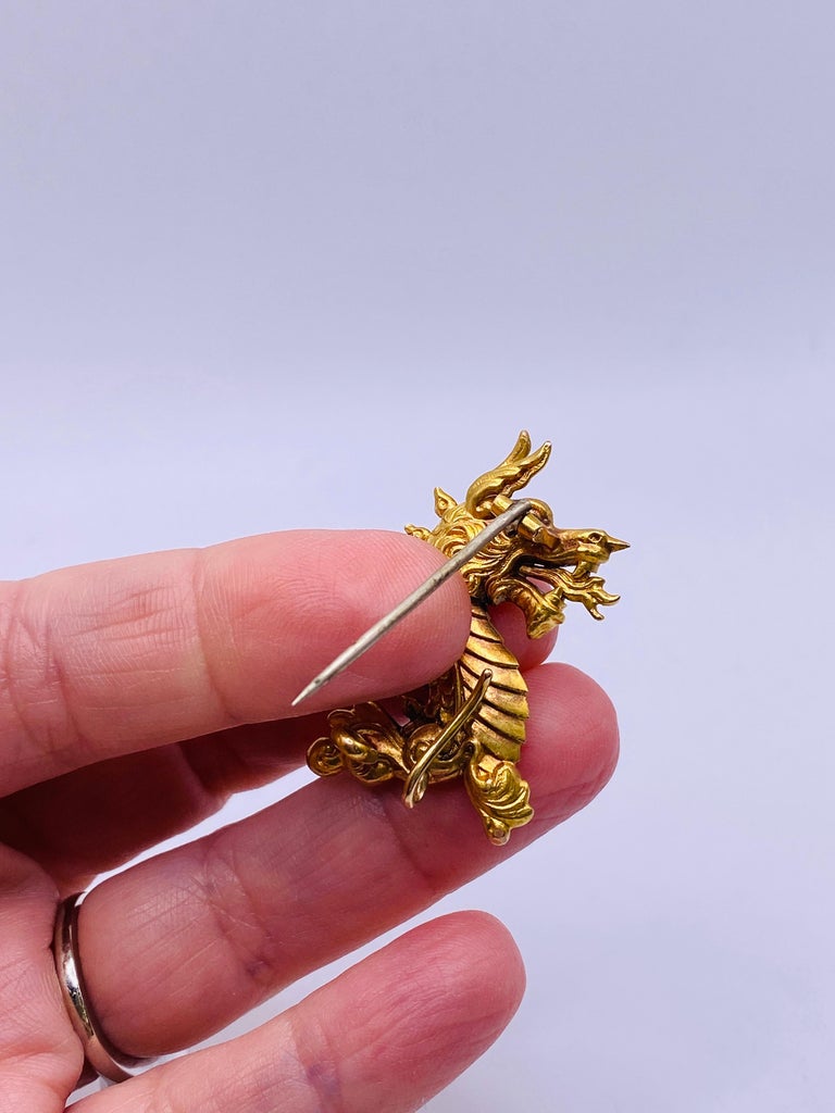 Yellow Gold Dragon Pin with Ruby Cabochon Eye For Sale 4