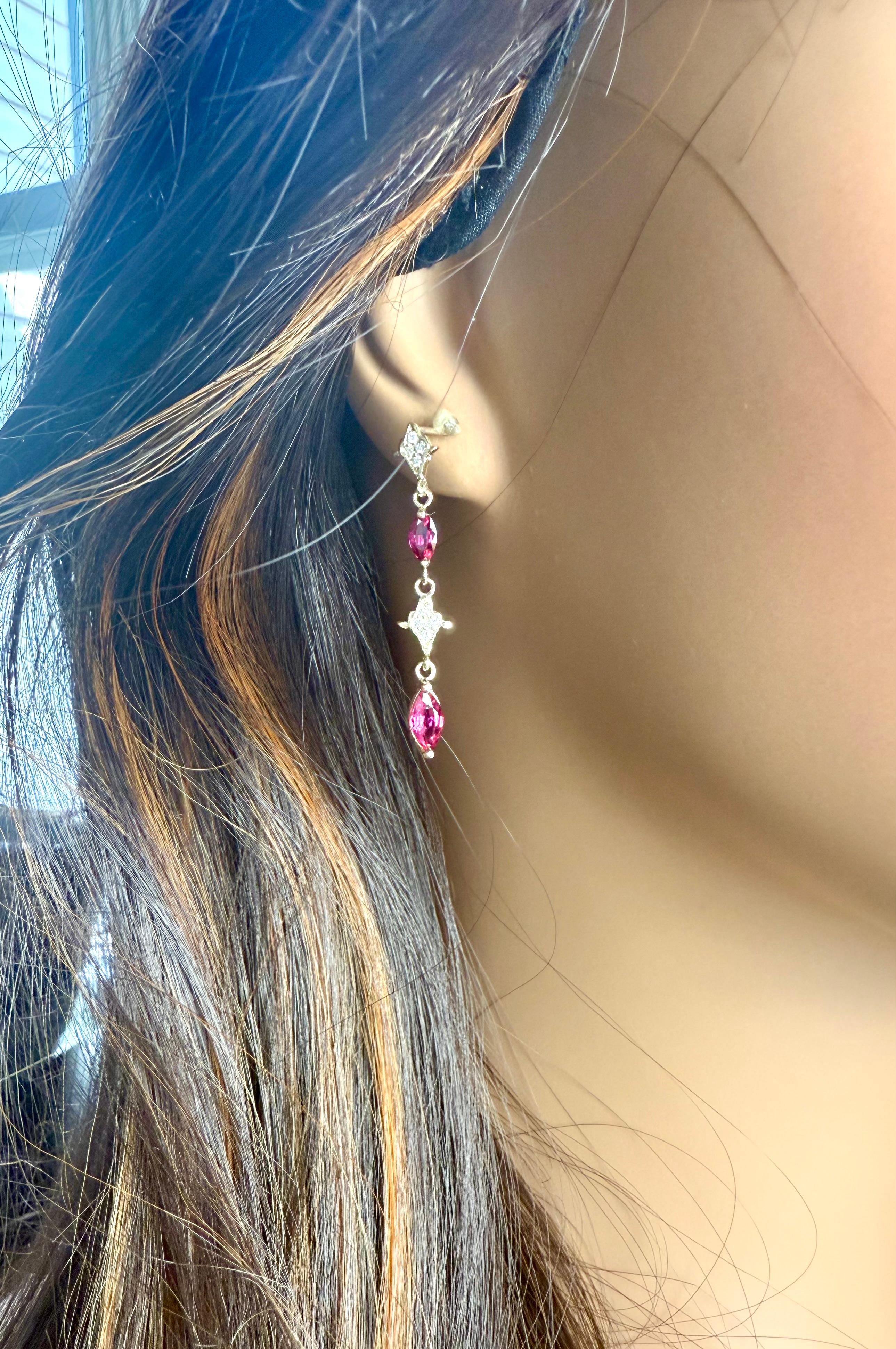 14K Yellow Gold Drop Earrings 4 Marquis Rubies 2.40 Pavé Diamonds 0.30 Carats For Sale 6
