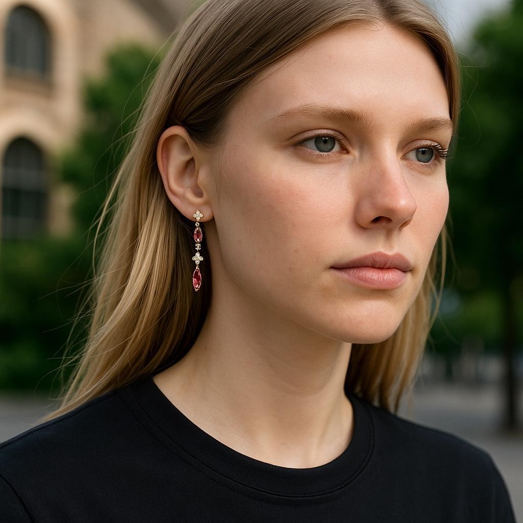 Introducing our exquisite 14K Yellow Gold Drop Earrings, a harmonious blend of classic elegance and contemporary design. These handcrafted earrings feature four marquise-cut rubies totaling 2.40 carats, each separated by diamond-shaped pavé diamonds