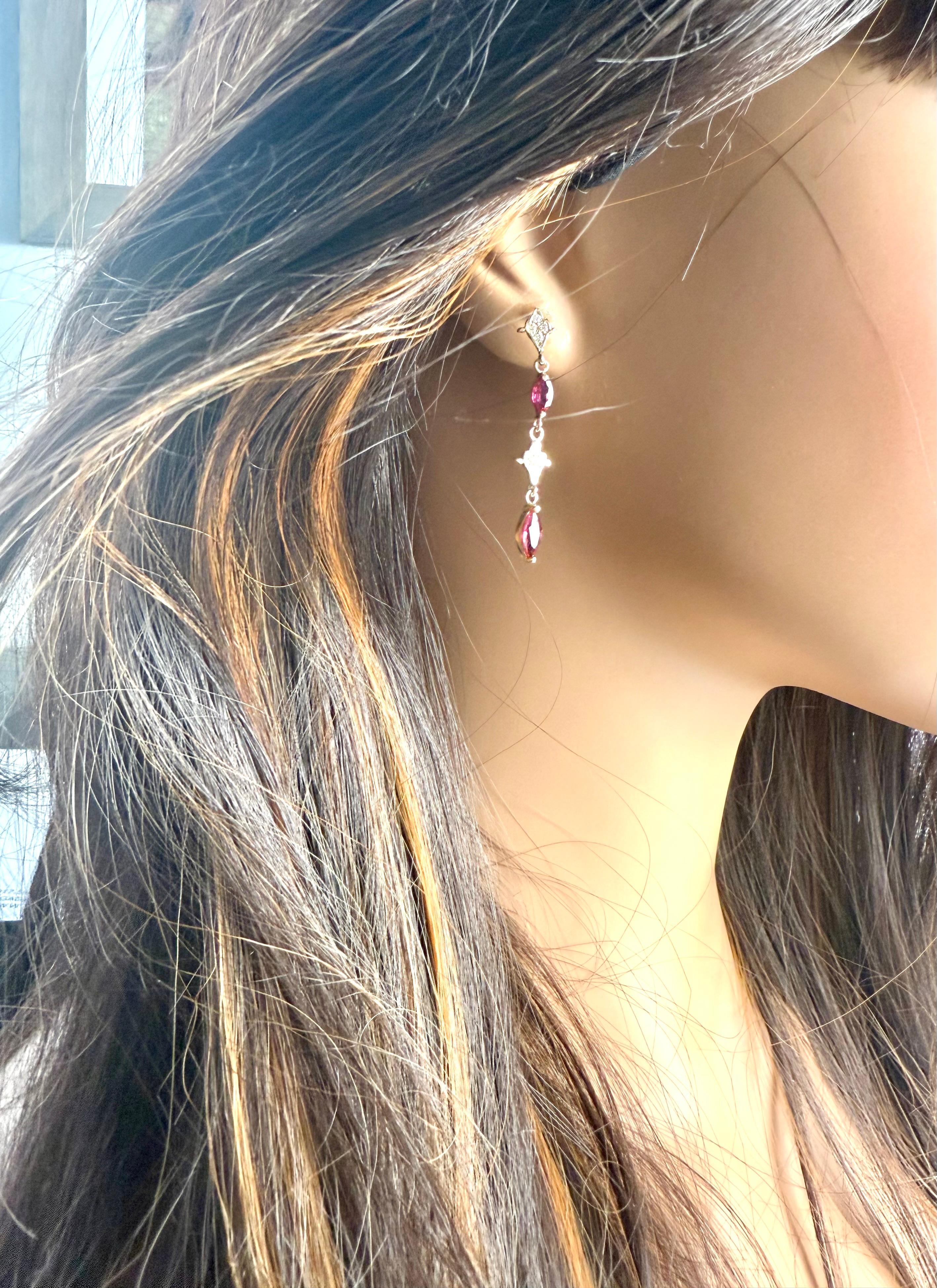 Marquise Cut 14K Yellow Gold Drop Earrings 4 Marquis Rubies 2.40 Pavé Diamonds 0.30 Carats For Sale