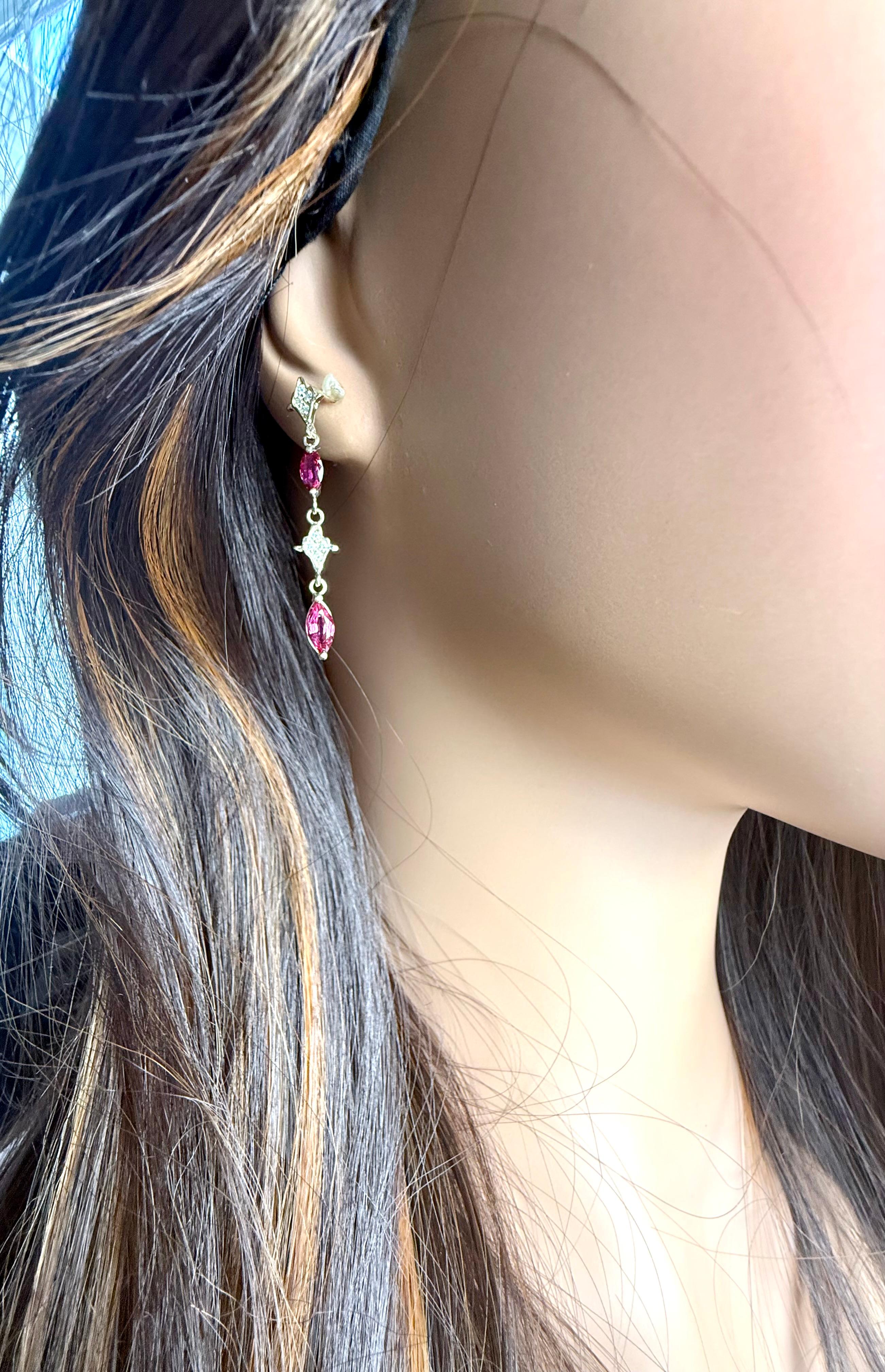 14K Yellow Gold Drop Earrings 4 Marquis Rubies 2.40 Pavé Diamonds 0.30 Carats In New Condition For Sale In New York, NY