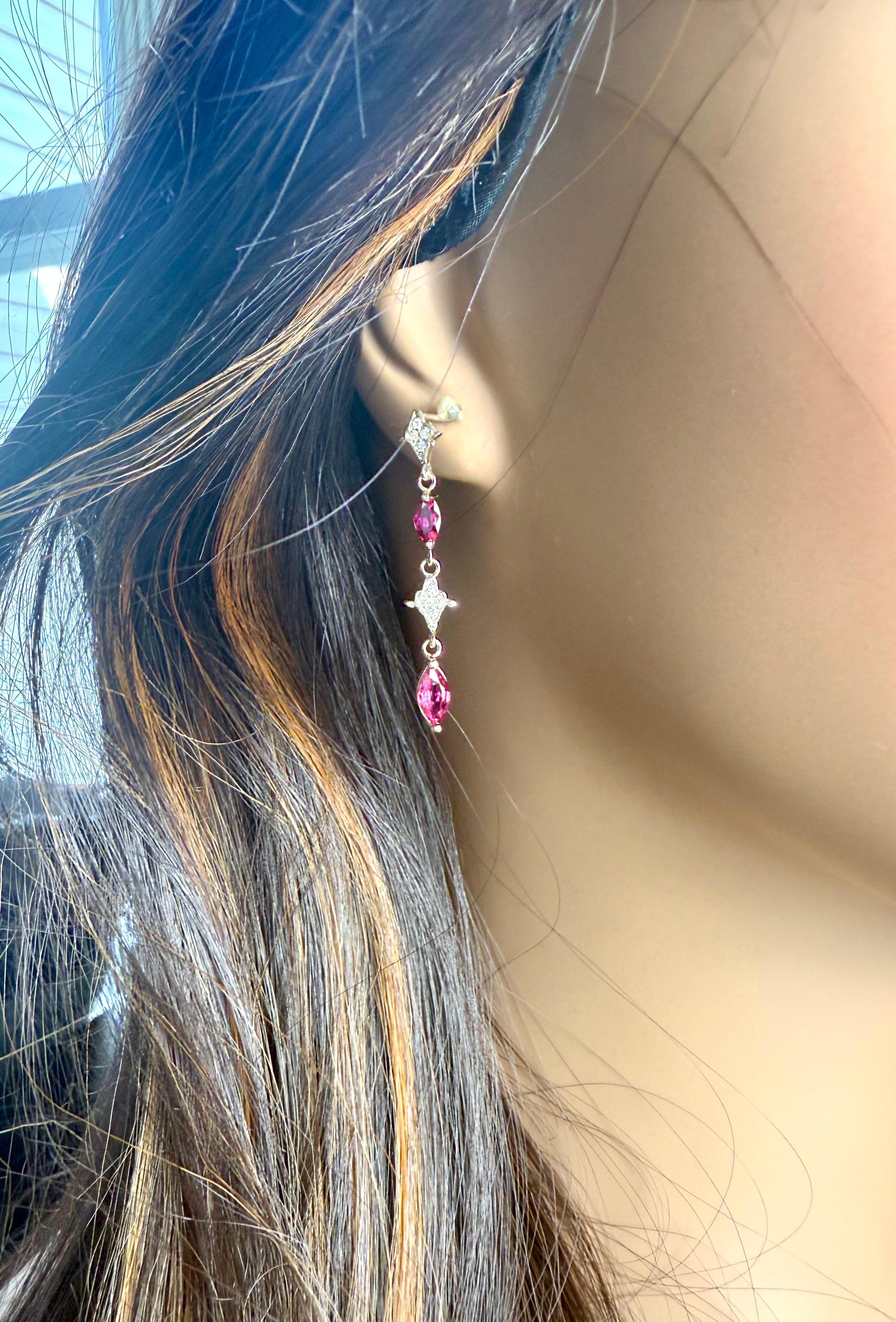 14K Yellow Gold Drop Earrings 4 Marquis Rubies 2.40 Pavé Diamonds 0.30 Carats For Sale 1