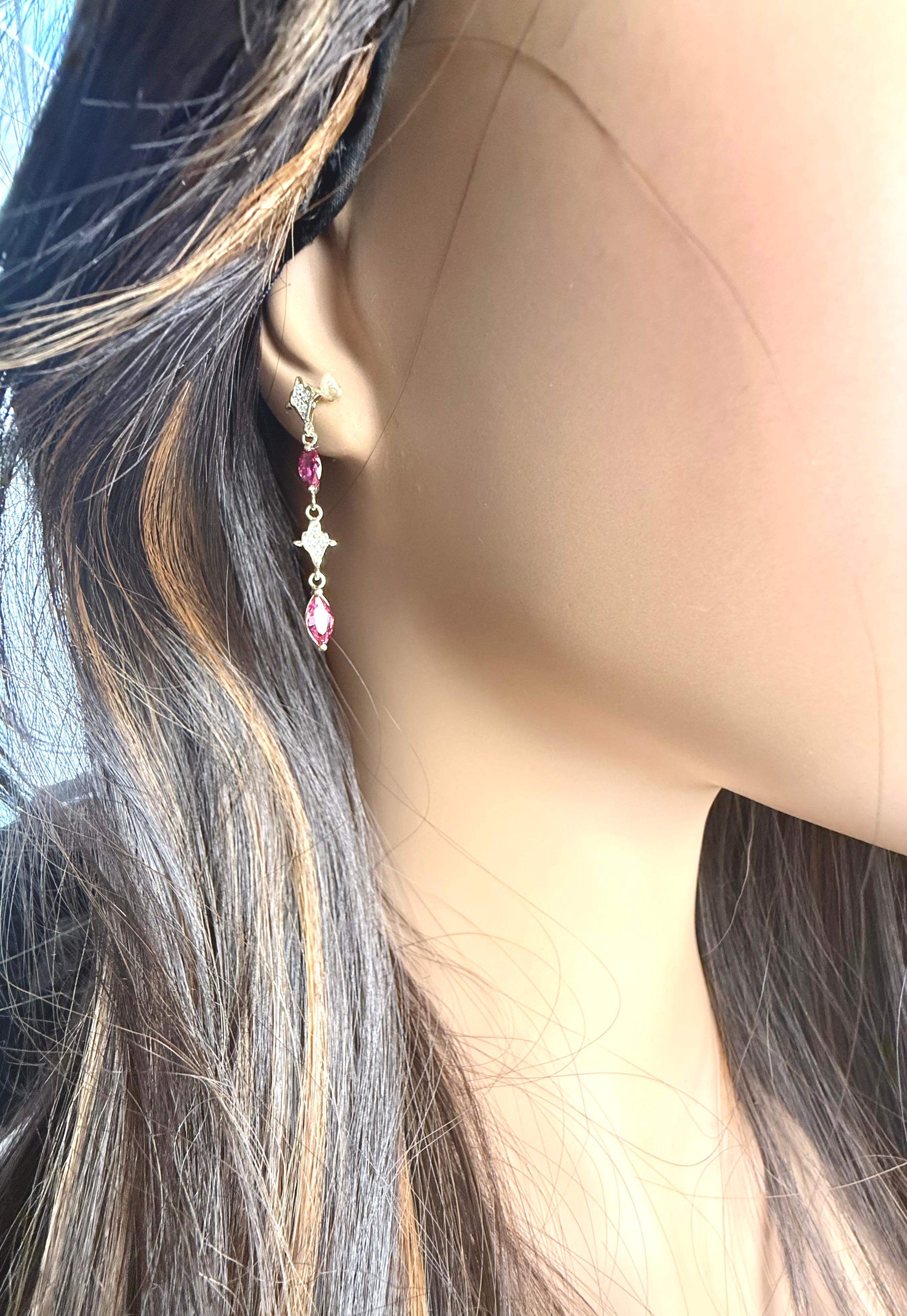 14K Yellow Gold Drop Earrings 4 Marquis Rubies 2.40 Pavé Diamonds 0.30 Carats For Sale 3