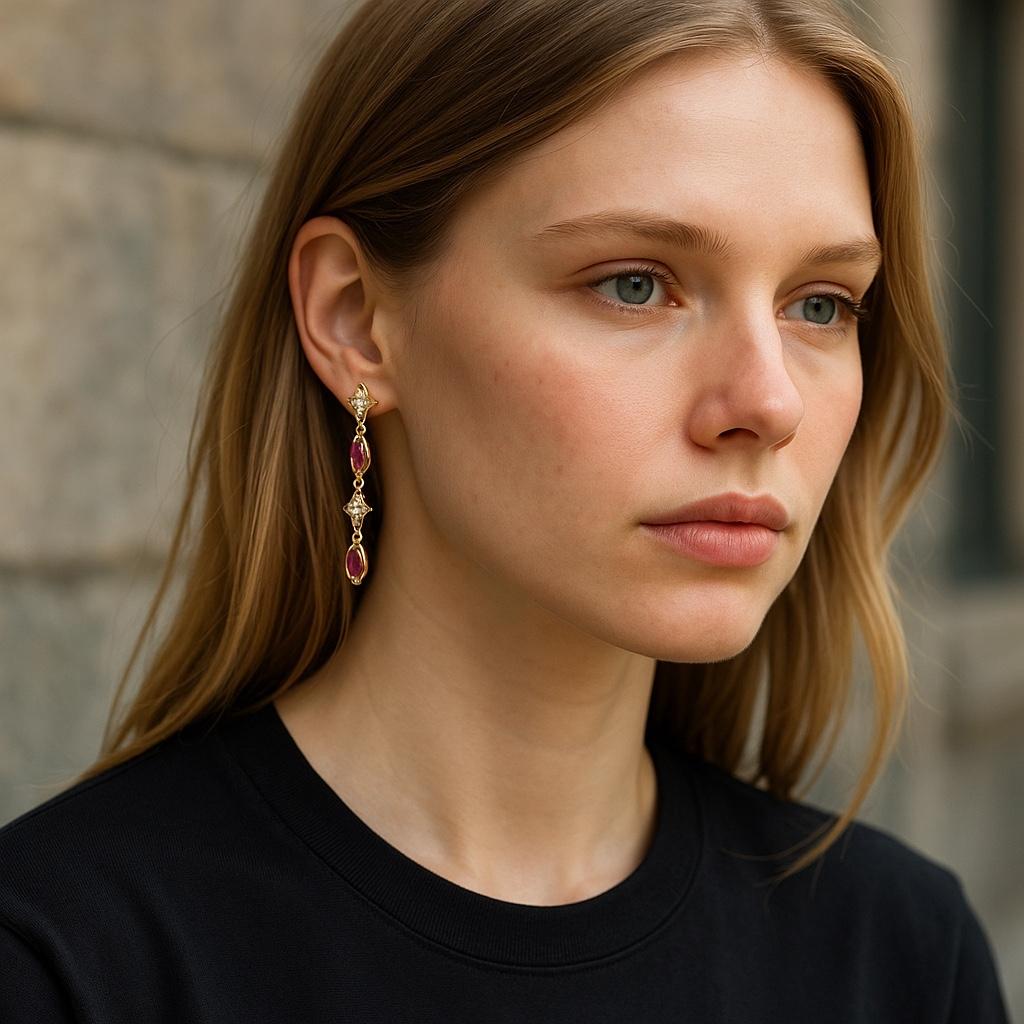 14K Yellow Gold Drop Earrings 4 Marquis Rubies 2.40 Pavé Diamonds 0.30 Carats For Sale 2