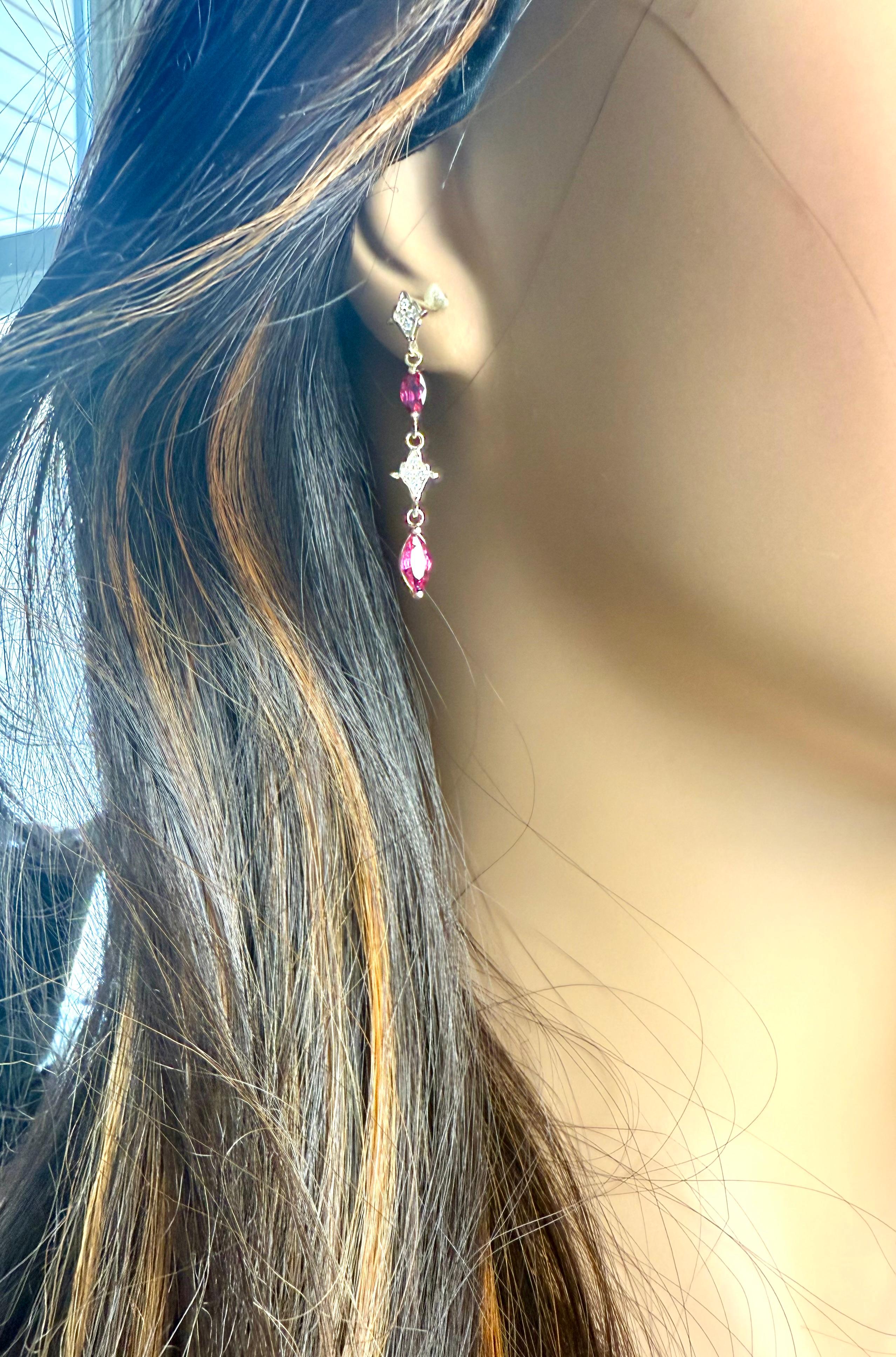14K Yellow Gold Drop Earrings 4 Marquis Rubies 2.40 Pavé Diamonds 0.30 Carats For Sale 5