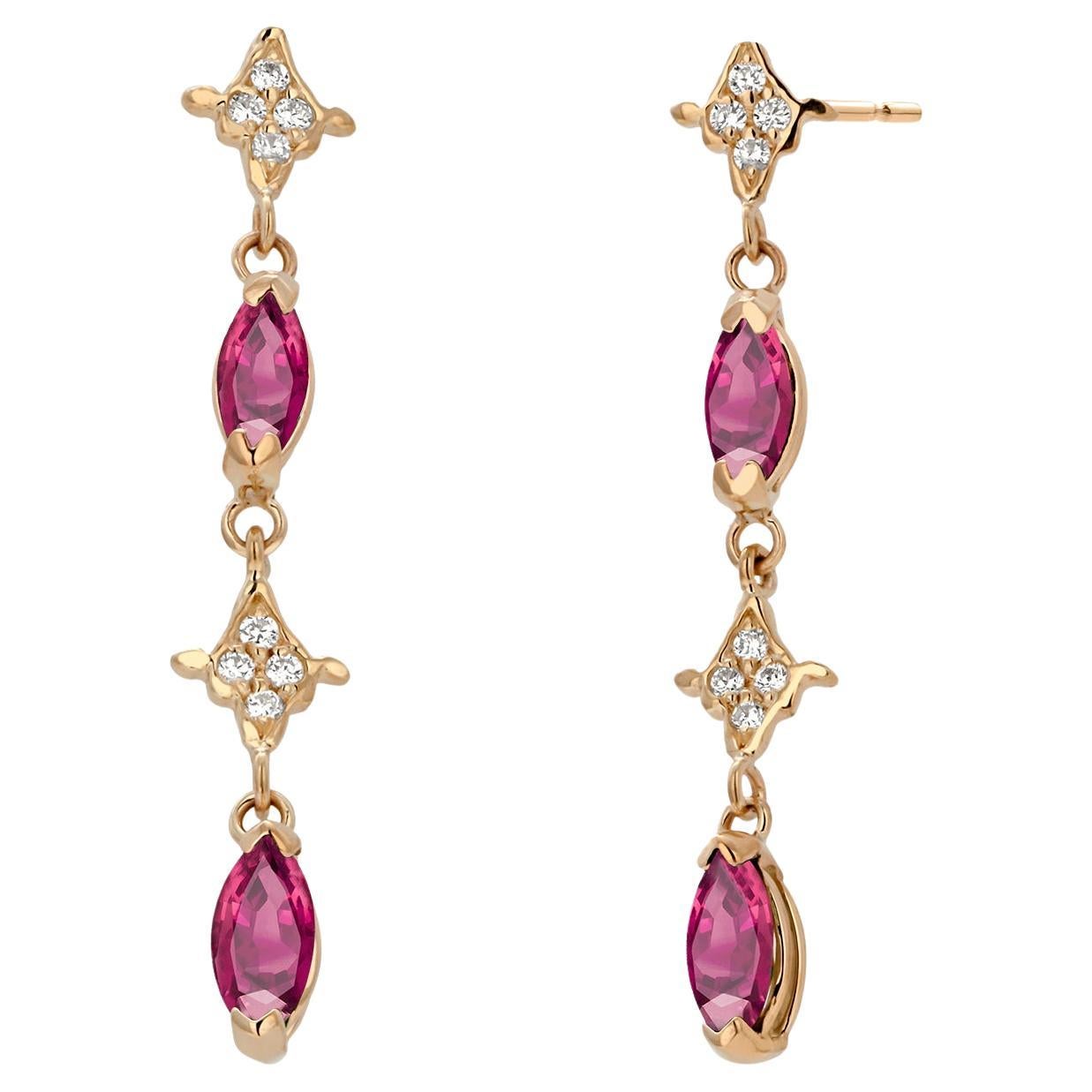 14K Yellow Gold Drop Earrings 4 Marquis Rubies 2.40 Pavé Diamonds 0.30 Carats