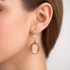 14k Yellow Gold Drop Earrings with Intricate Cameo Portraits