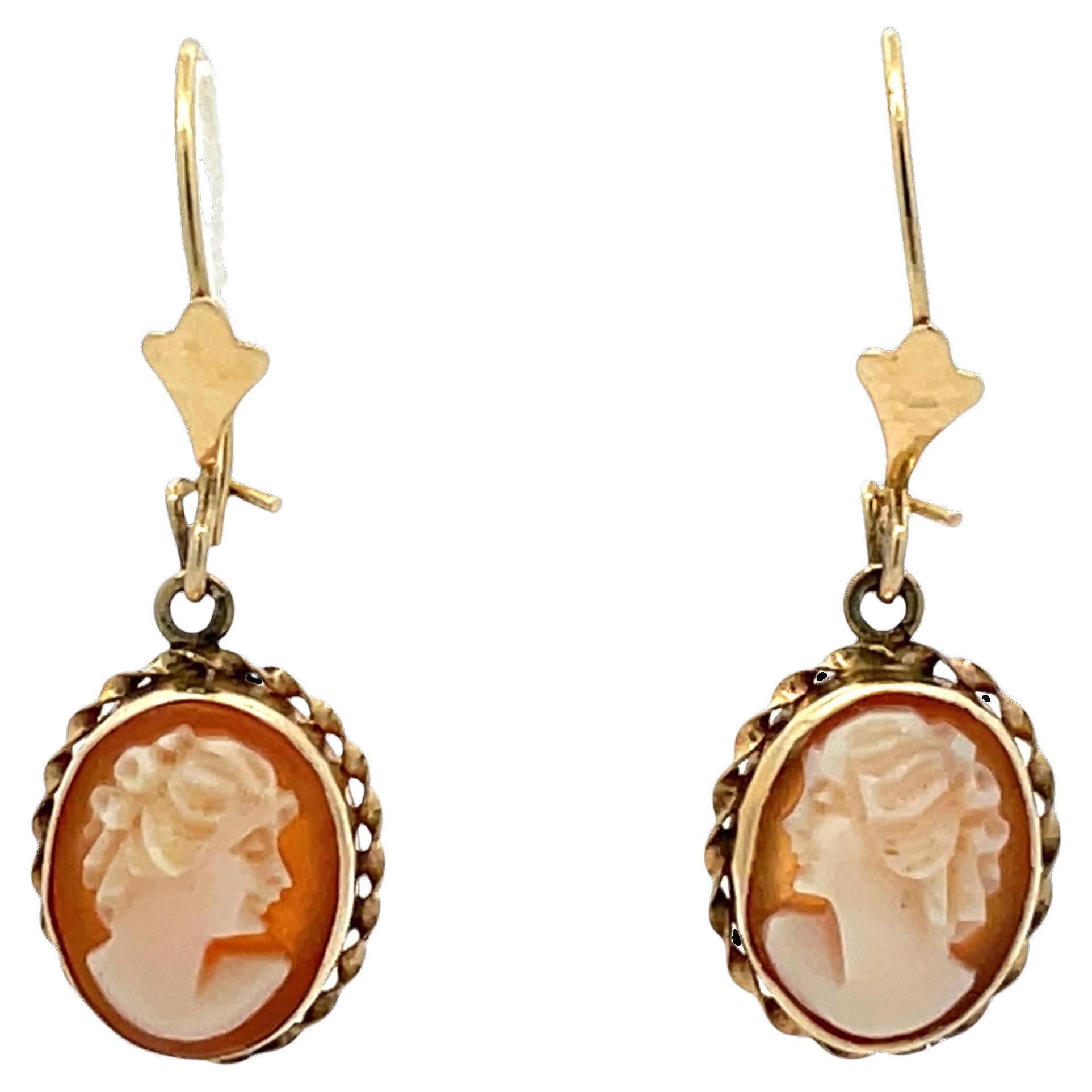 14k Yellow Gold Drop Earrings with Intricate Cameo Portraits