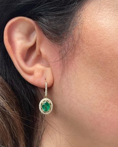 14K Yellow Gold Drop Earrings with Oval Emeralds & Round Diamonds