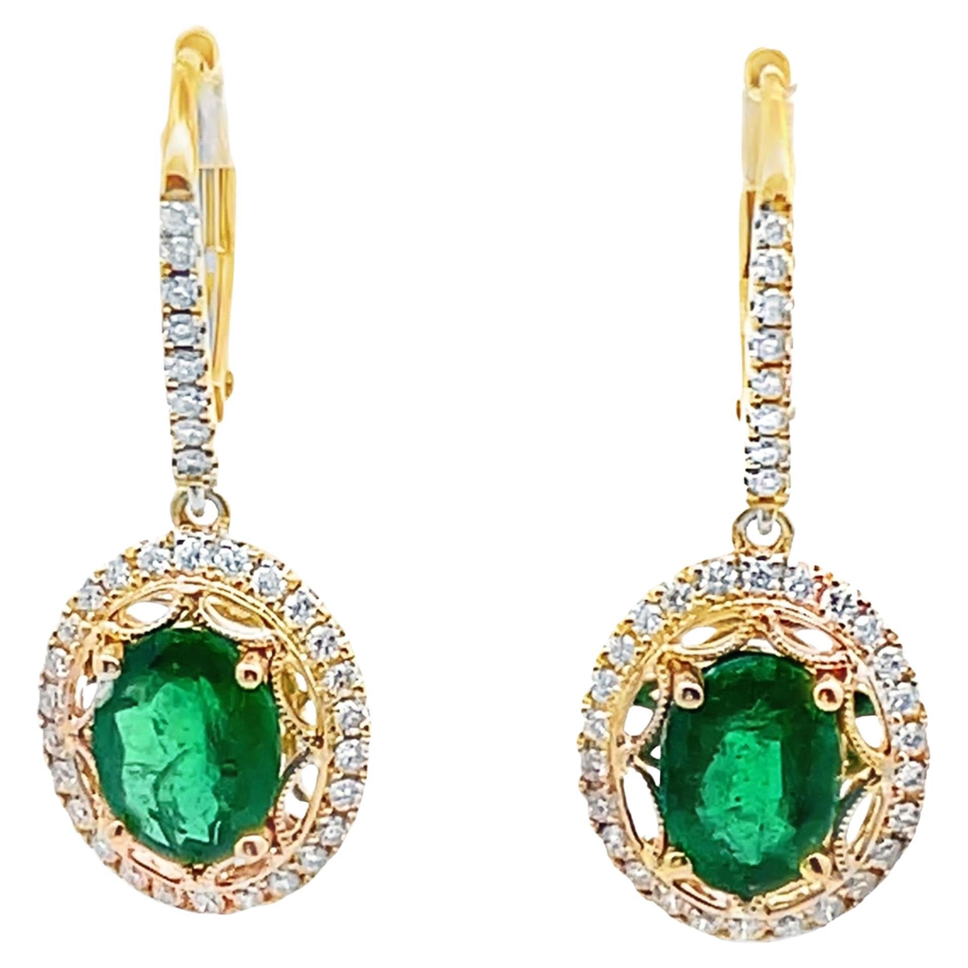 14K Yellow Gold Drop Earrings with Oval Emeralds & Round Diamonds