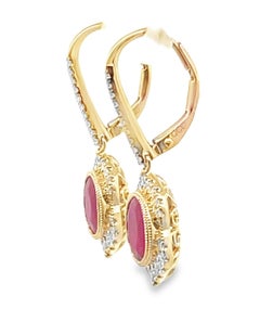 14K Yellow Gold Drop Earrings with Oval Rubies 2.06 Ct & Round Diamonds 0.30 Ct