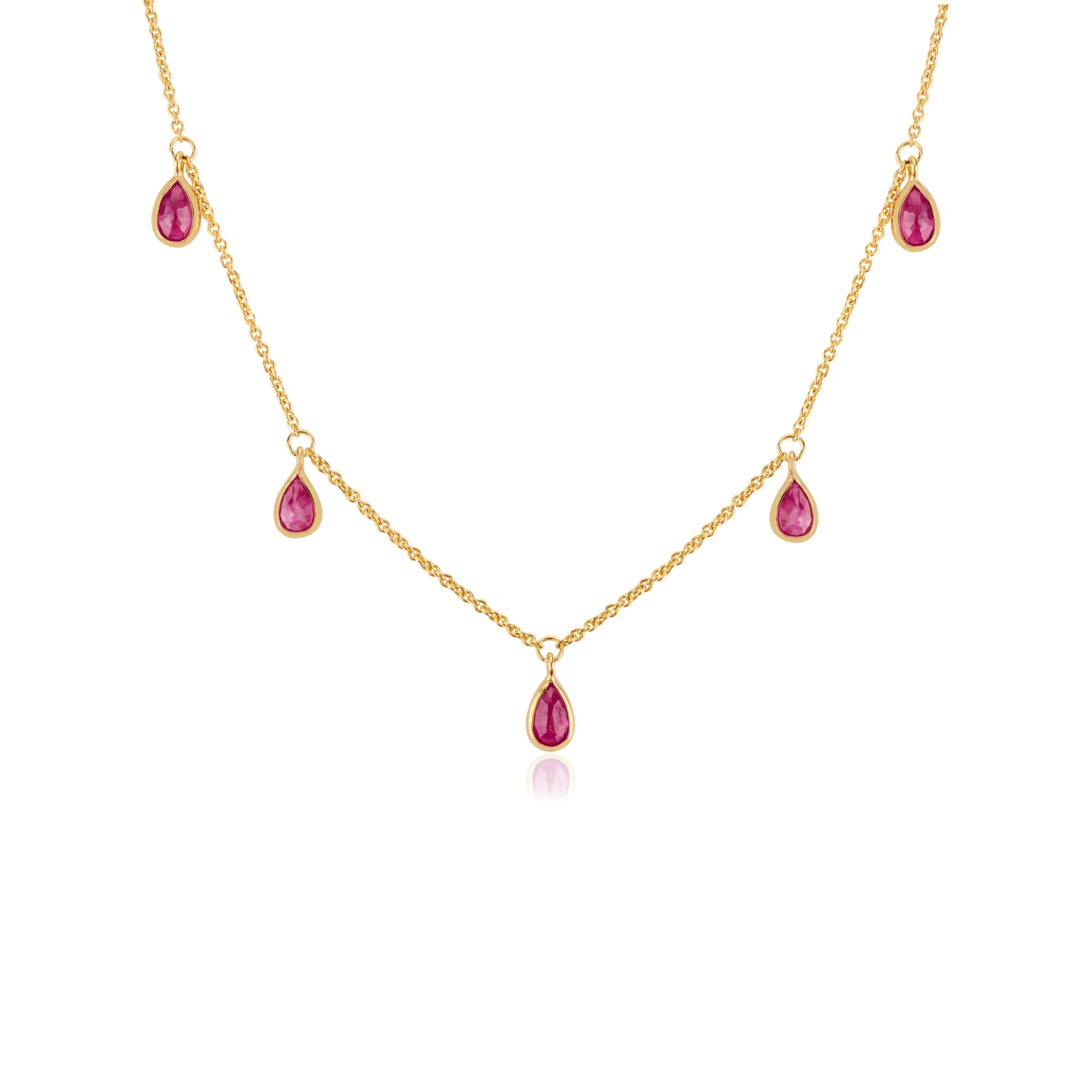 Art déco Collier en or jaune 14K avec breloques en forme de poire en rubis en vente
