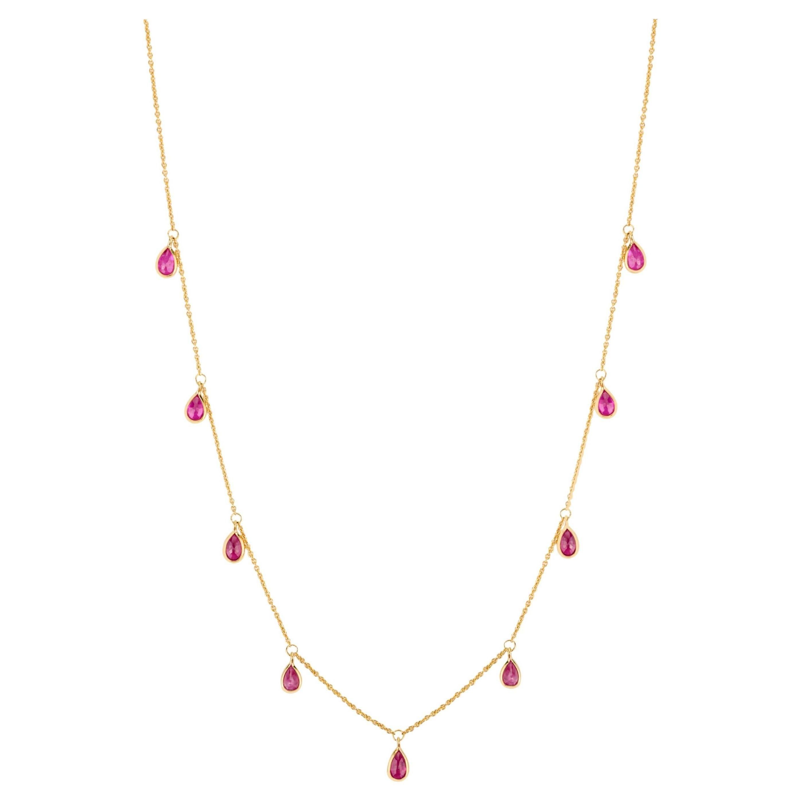 14K Gelbgold Drop Station Halskette mit birnenförmigen Rubin Edelstein charms