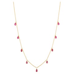 14K Yellow Gold Drop Station Necklace with Pear-Shaped Ruby Gemstone Charms