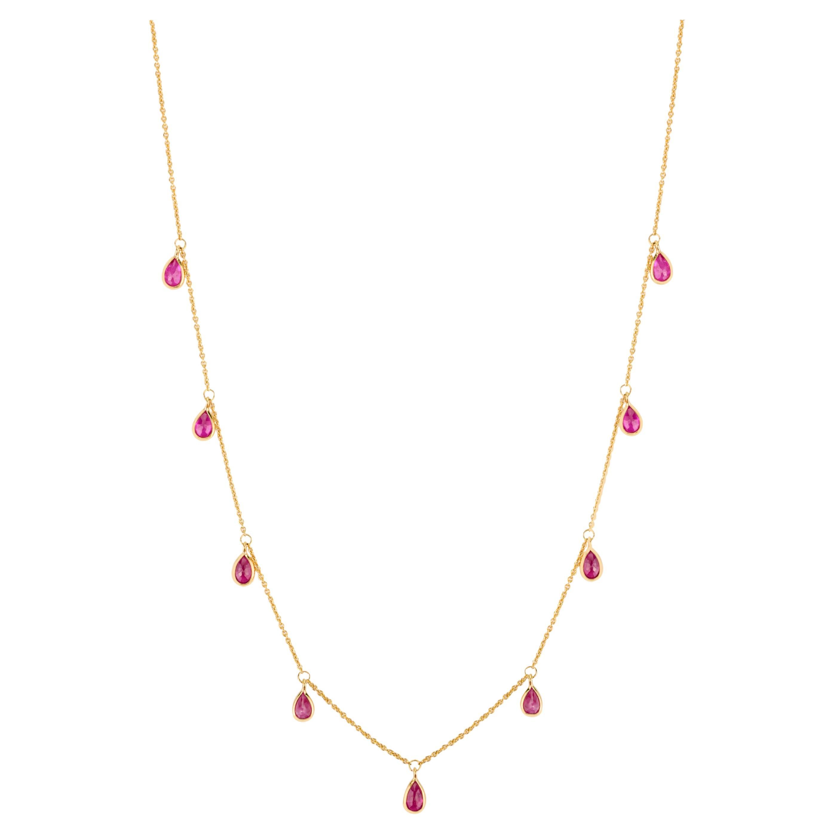 14K Yellow Gold Drop Station Necklace with Pear-Shaped Ruby Gemstone Charms