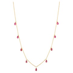 14K Yellow Gold Drop Station Necklace with Pear-Shaped Ruby Gemstone Charms