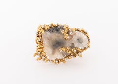 14K Yellow Gold Druzy Quartz & Diamond Brooch