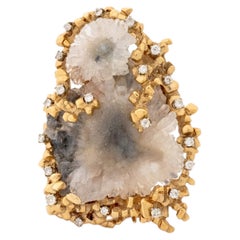 14K Yellow Gold Druzy Quartz & Diamond Brooch