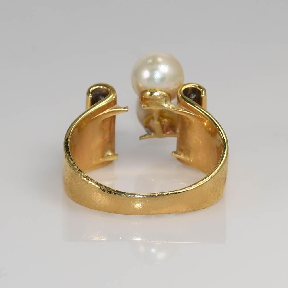 Women's 14K Yellow Gold Dual Pearl & Diamond Ring For Sale