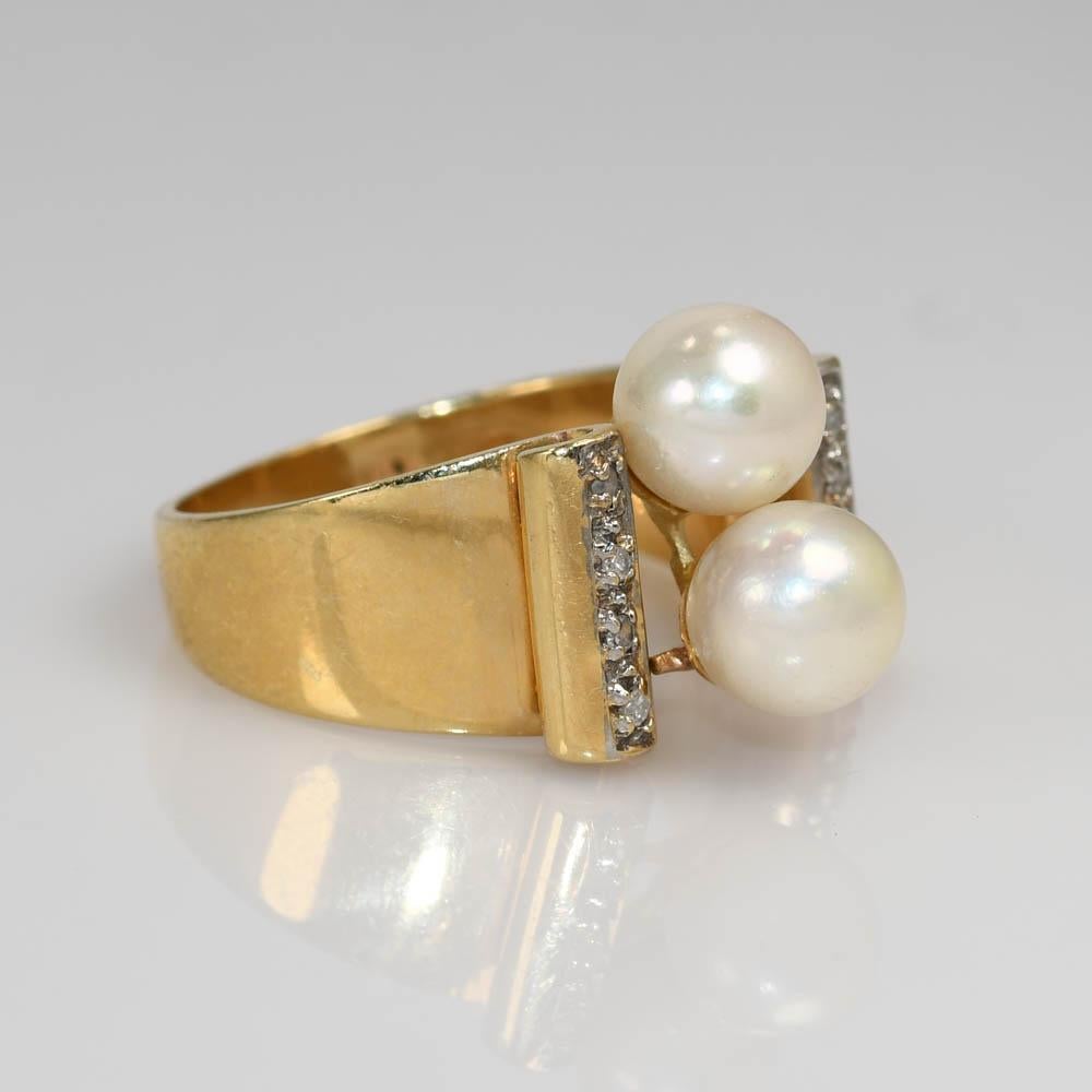 14K Yellow Gold Dual Pearl & Diamond Ring For Sale 1
